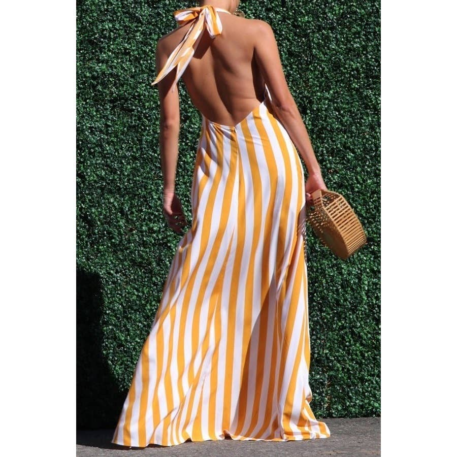 The Tammy Striped Halter Neck Maxi Dress with Side Pocket: NAVY / M