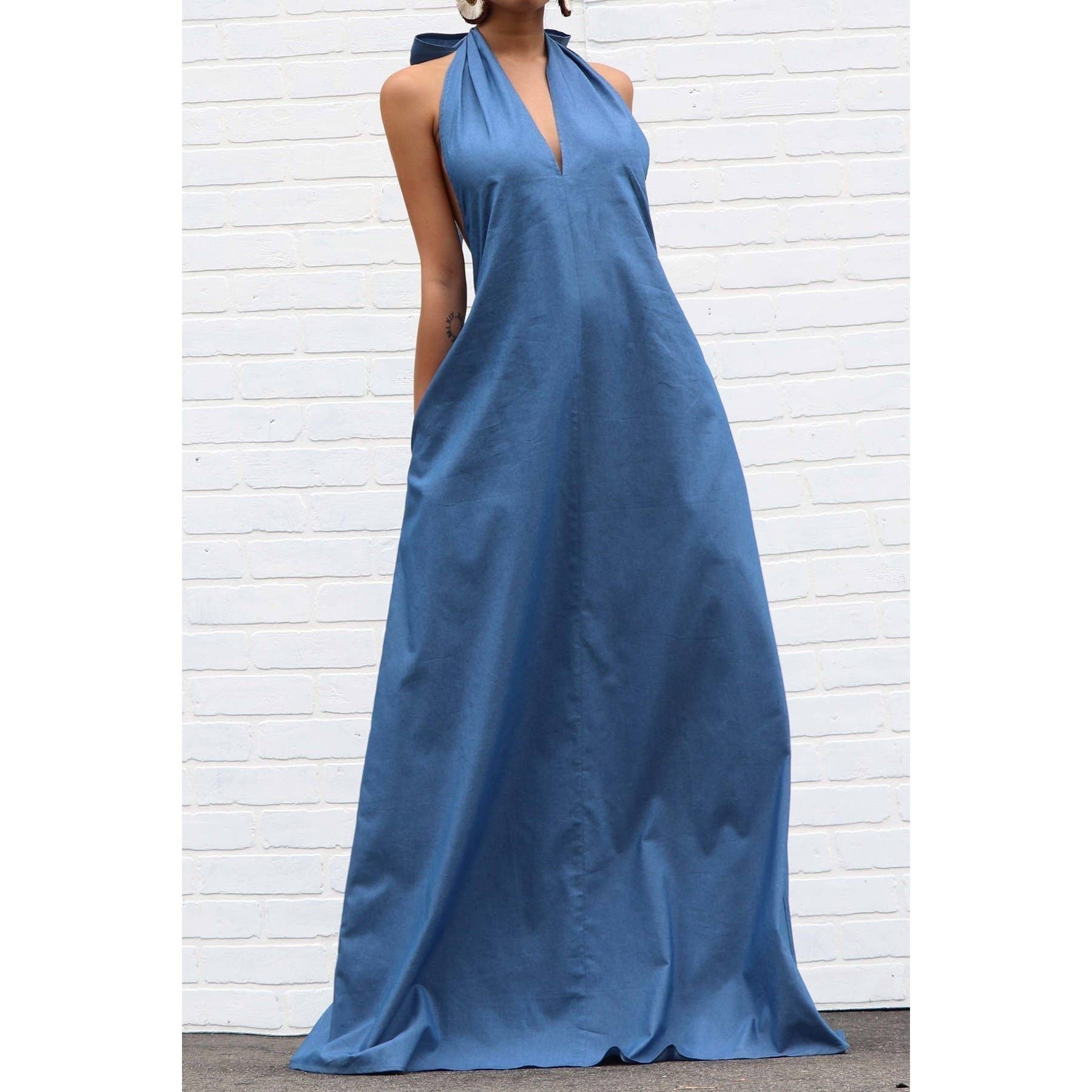 THE ADRIANE DENIM HALTER MAXI DRESS — Denim Blue Was $69 → Now $34.50
