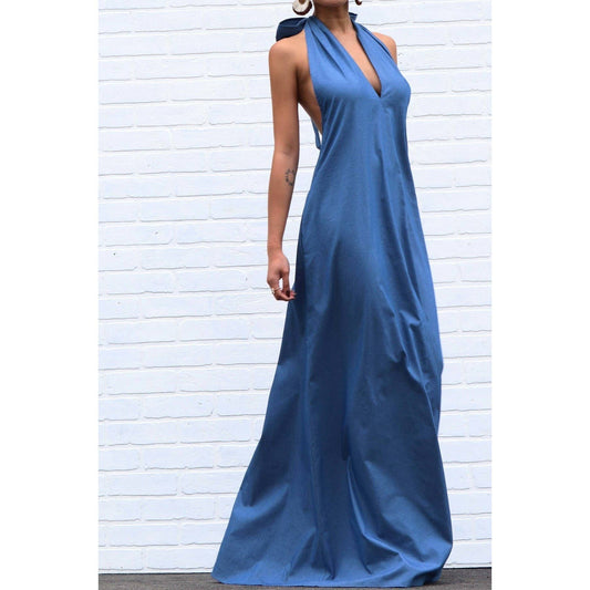 The Adriane Denim Halter Maxi Dress with Side Pockets: DENIM BLUE / L
