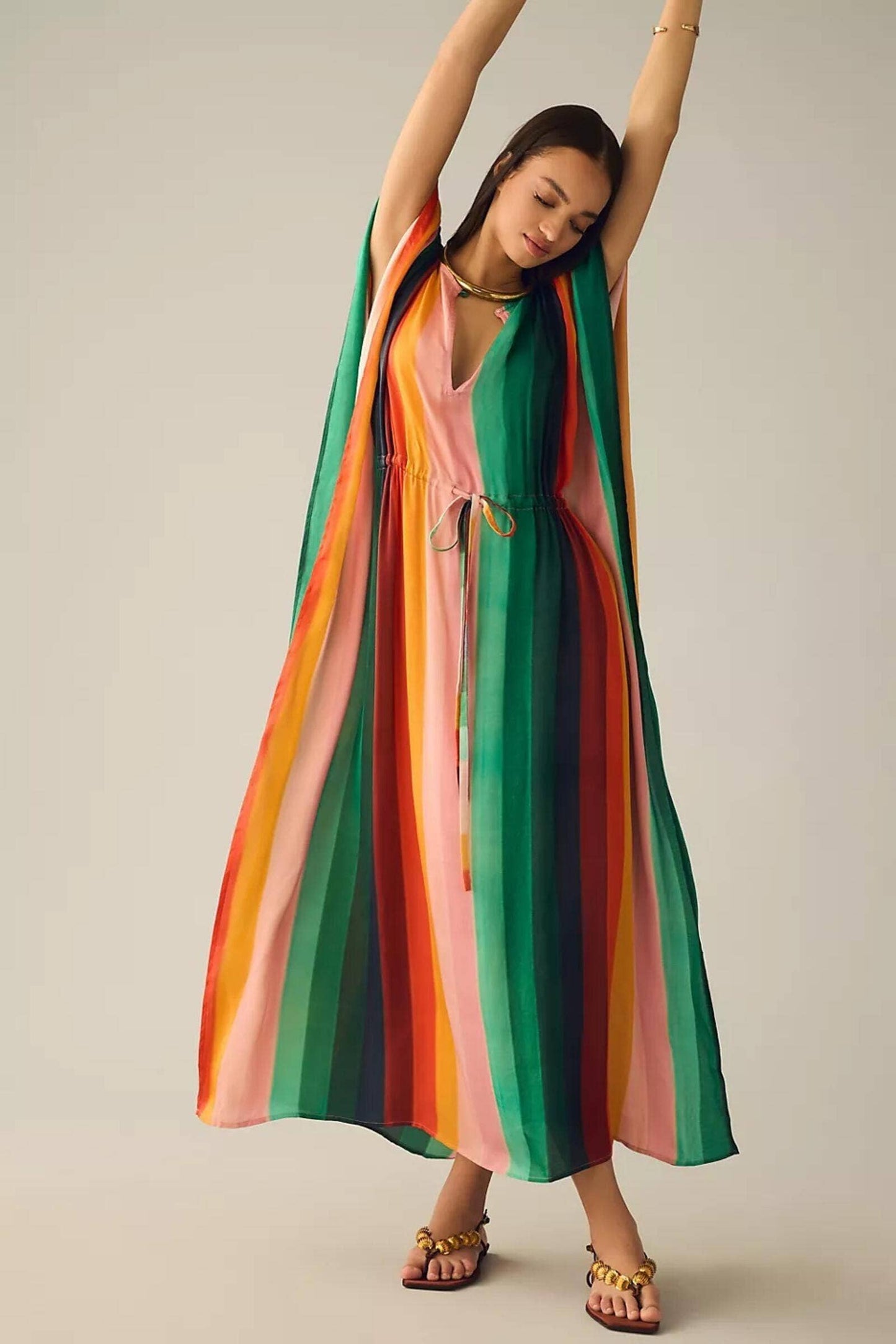 The Frances Multicolor Striped Tie Waist Keyhole Kaftan: Multi-Colored