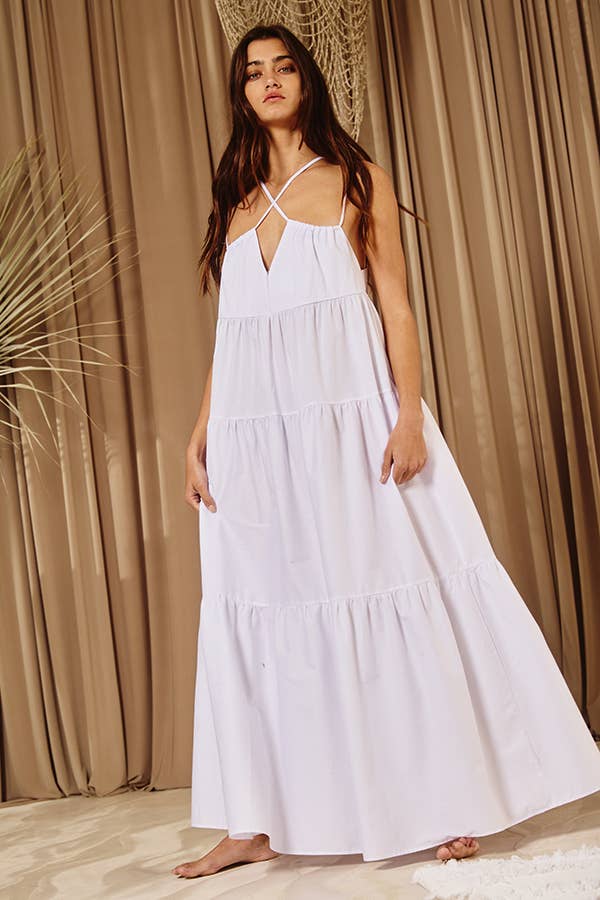 The Petrel Strappy Tiered Poplin Maxi Dress: FUCHSIA