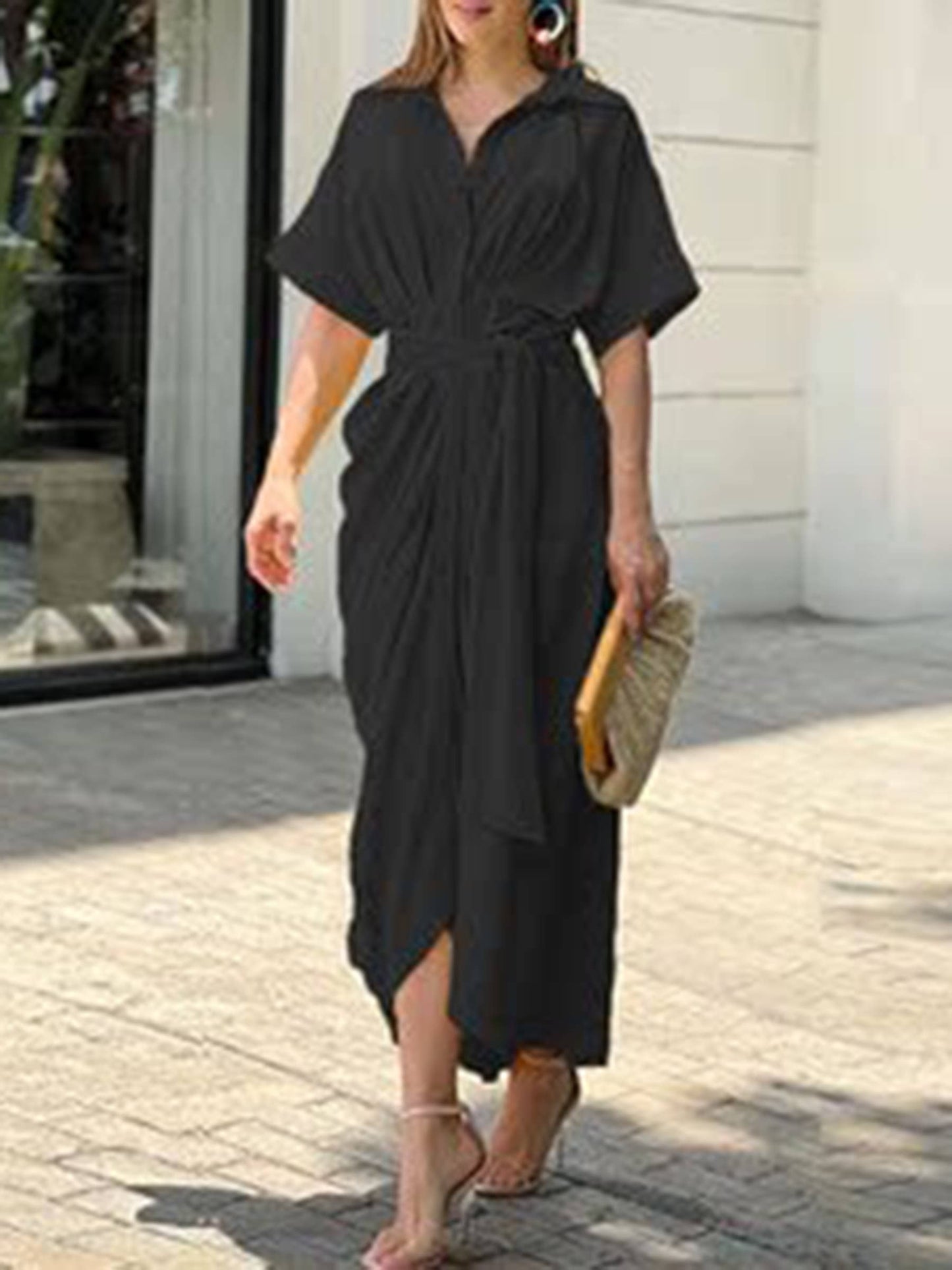 White Lapel Short Sleeved High Waisted Shirt Dress: White / L