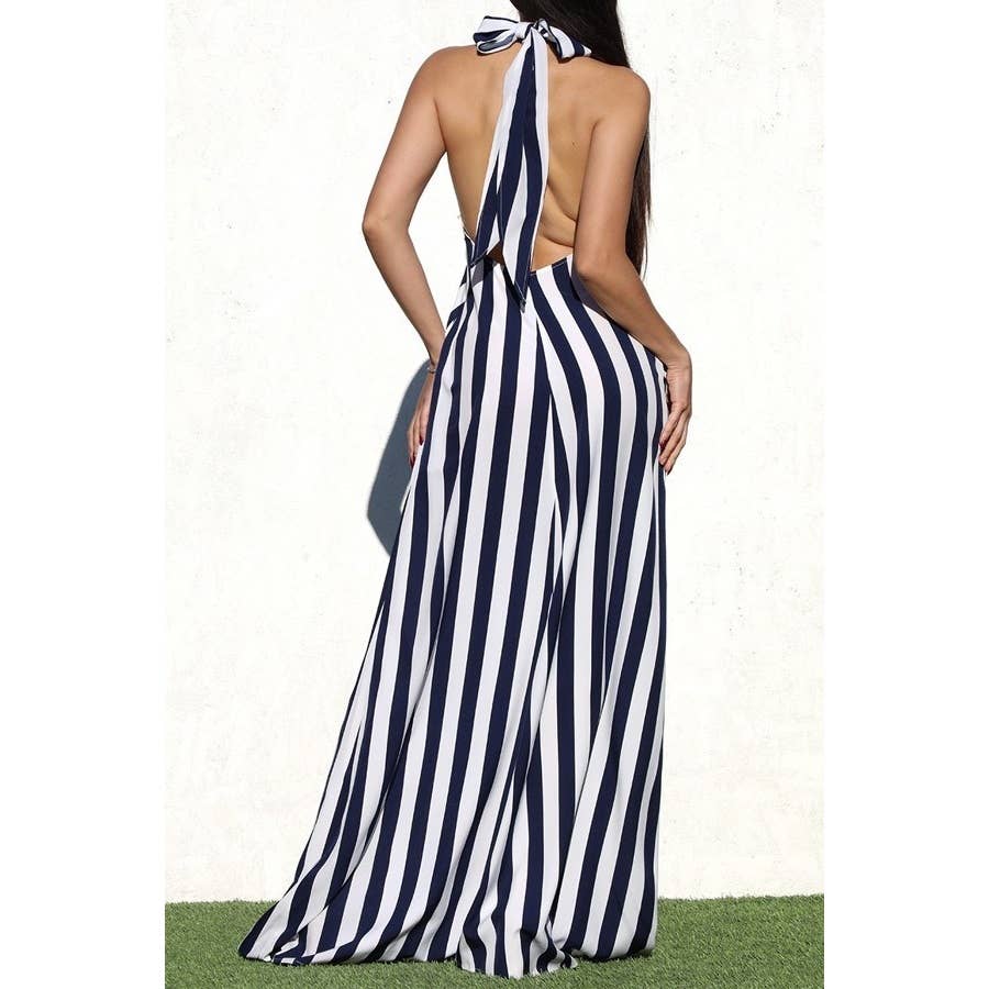 The Tammy Striped Halter Neck Maxi Dress with Side Pocket: NAVY / S