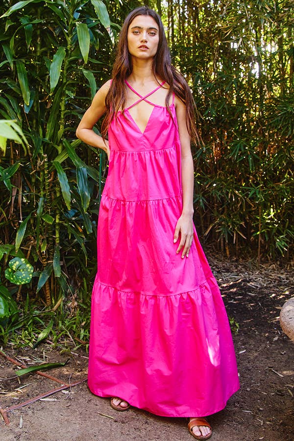 The Petrel Strappy Tiered Poplin Maxi Dress: FUCHSIA