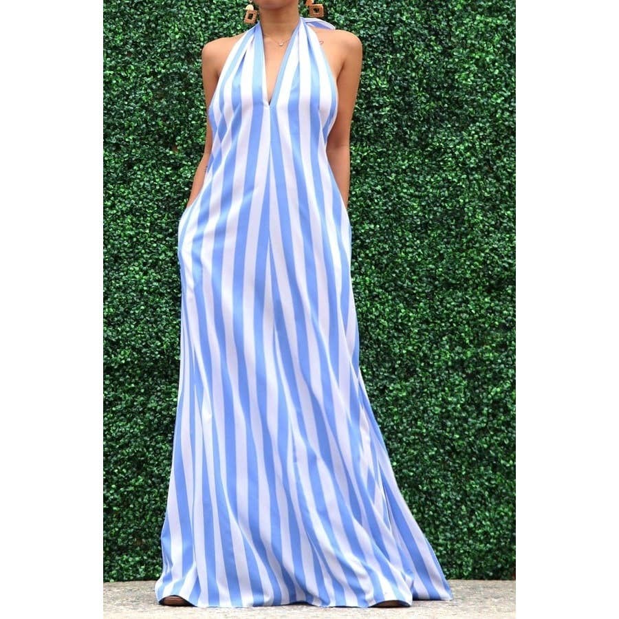 The Tammy Striped Halter Neck Maxi Dress with Side Pocket: NAVY / M