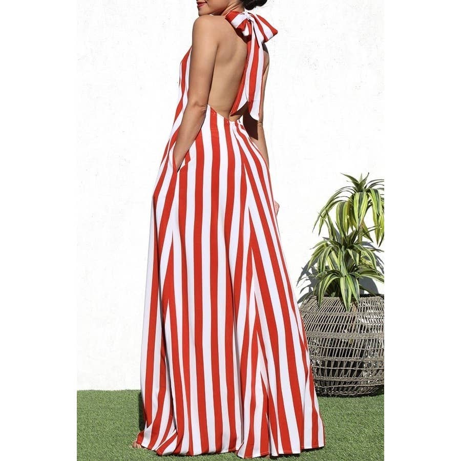 The Tammy Striped Halter Neck Maxi Dress with Side Pocket: NAVY / M