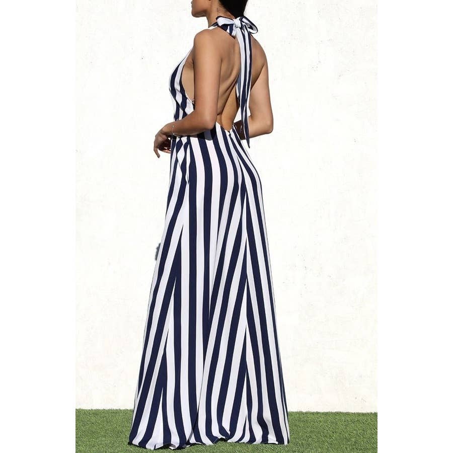 The Tammy Striped Halter Neck Maxi Dress with Side Pocket: NAVY / S