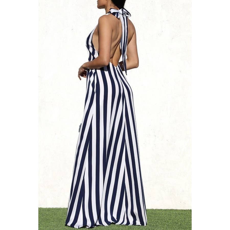 The Tammy Striped Halter Neck Maxi Dress with Side Pocket: NAVY / M
