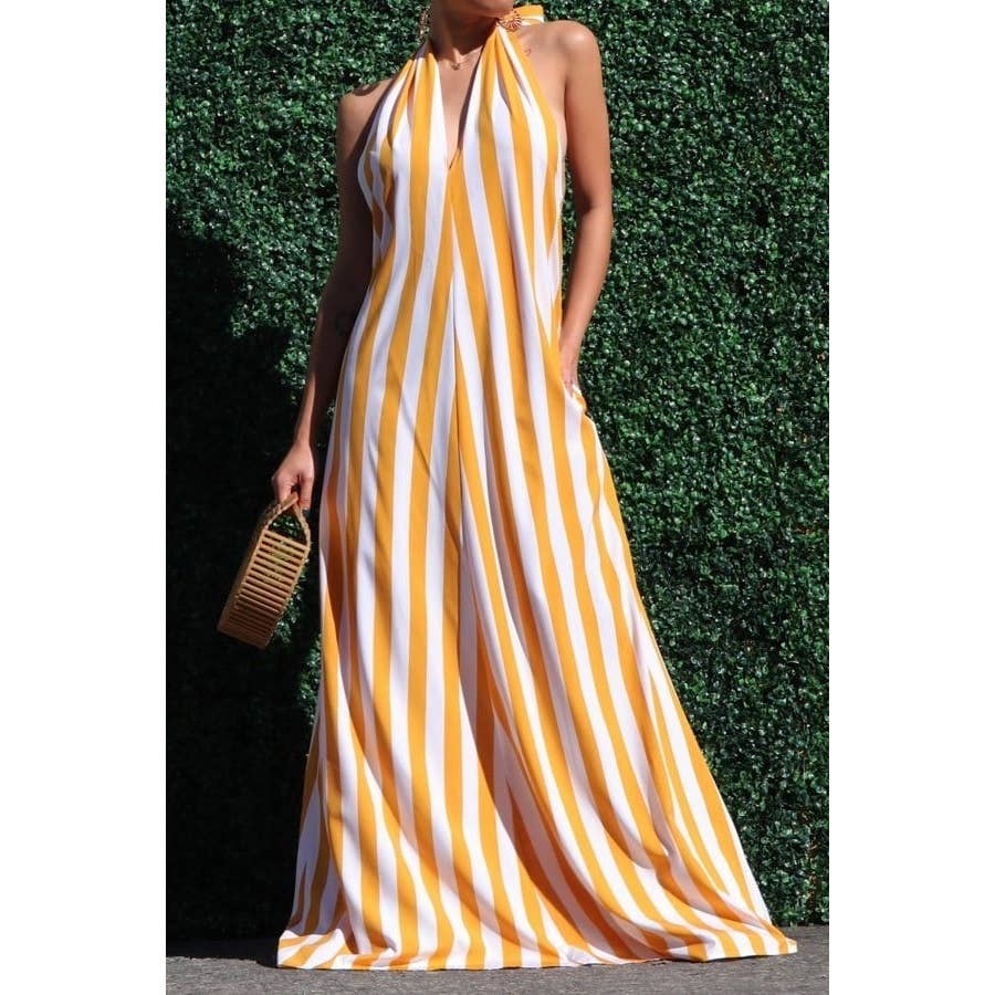 The Tammy Striped Halter Neck Maxi Dress with Side Pocket: NAVY / S