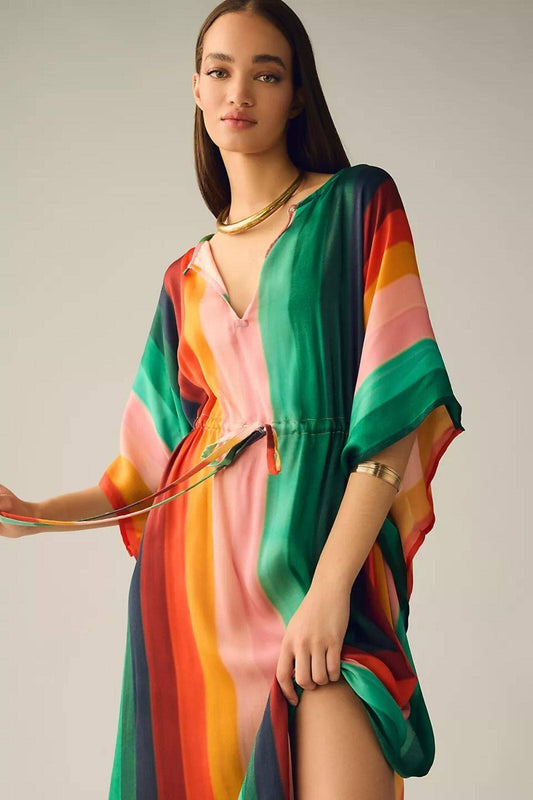 The Frances Multicolor Striped Tie Waist Keyhole Kaftan: Multi-Colored