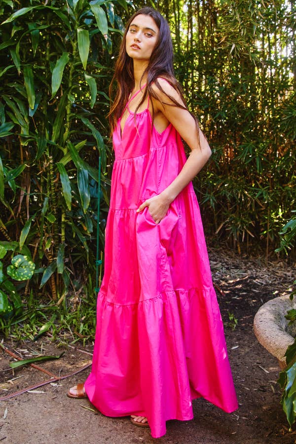 The Petrel Strappy Tiered Poplin Maxi Dress: FUCHSIA