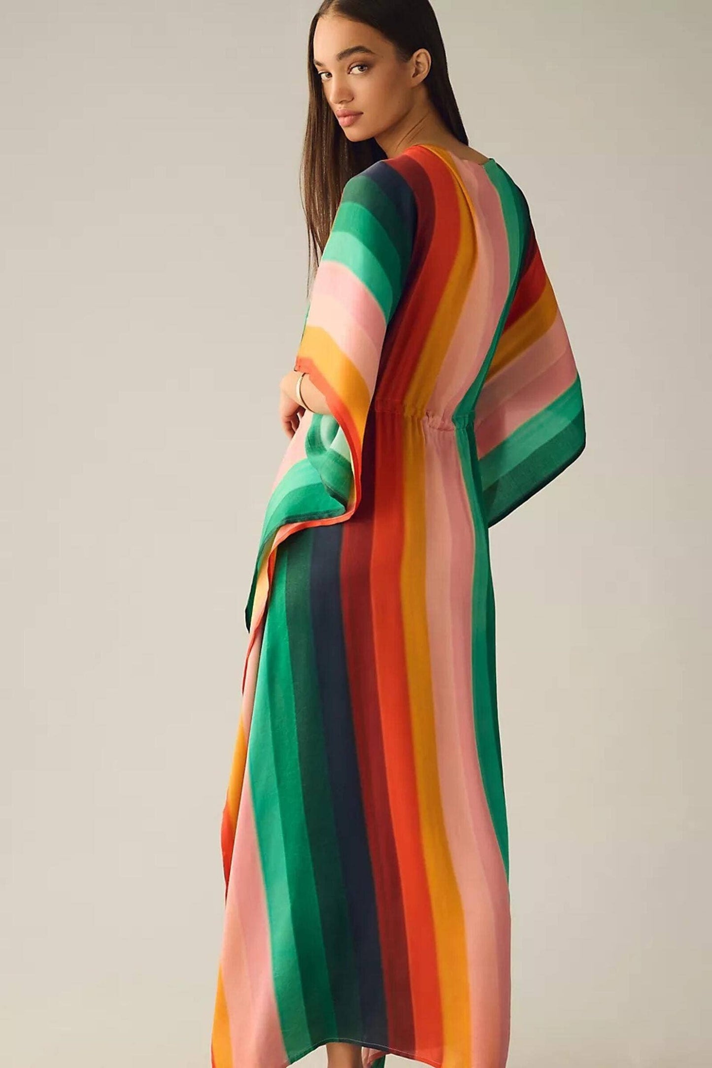 The Frances Multicolor Striped Tie Waist Keyhole Kaftan: Multi-Colored