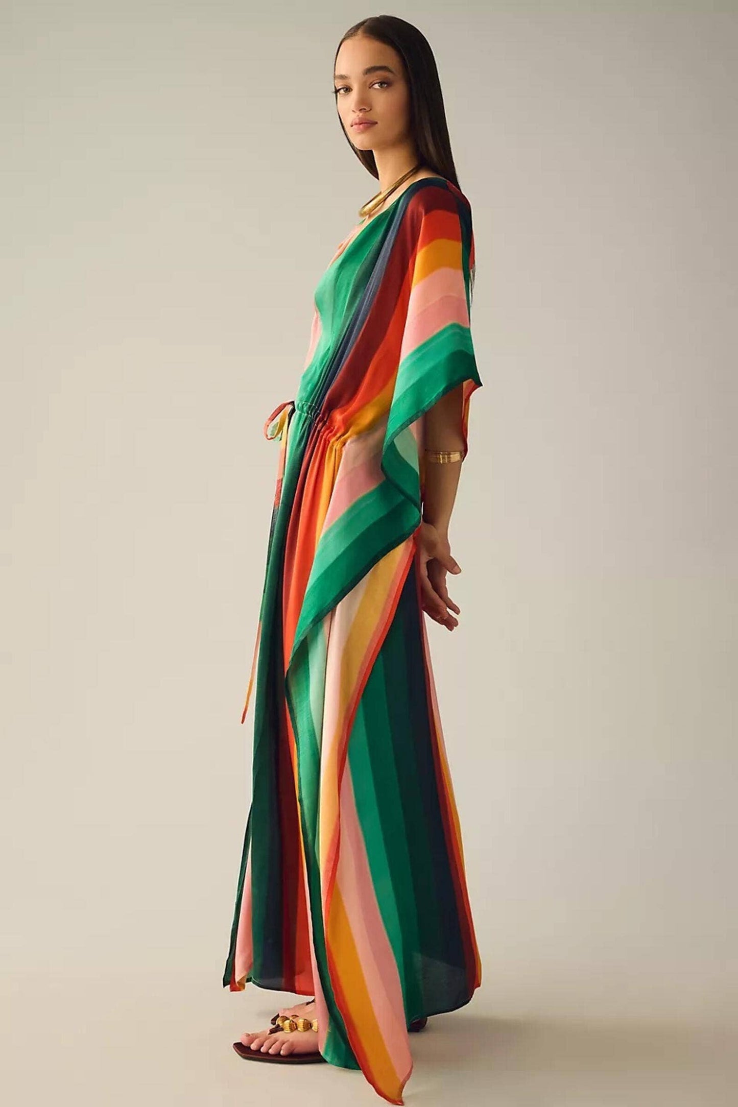 The Frances Multicolor Striped Tie Waist Keyhole Kaftan: Multi-Colored