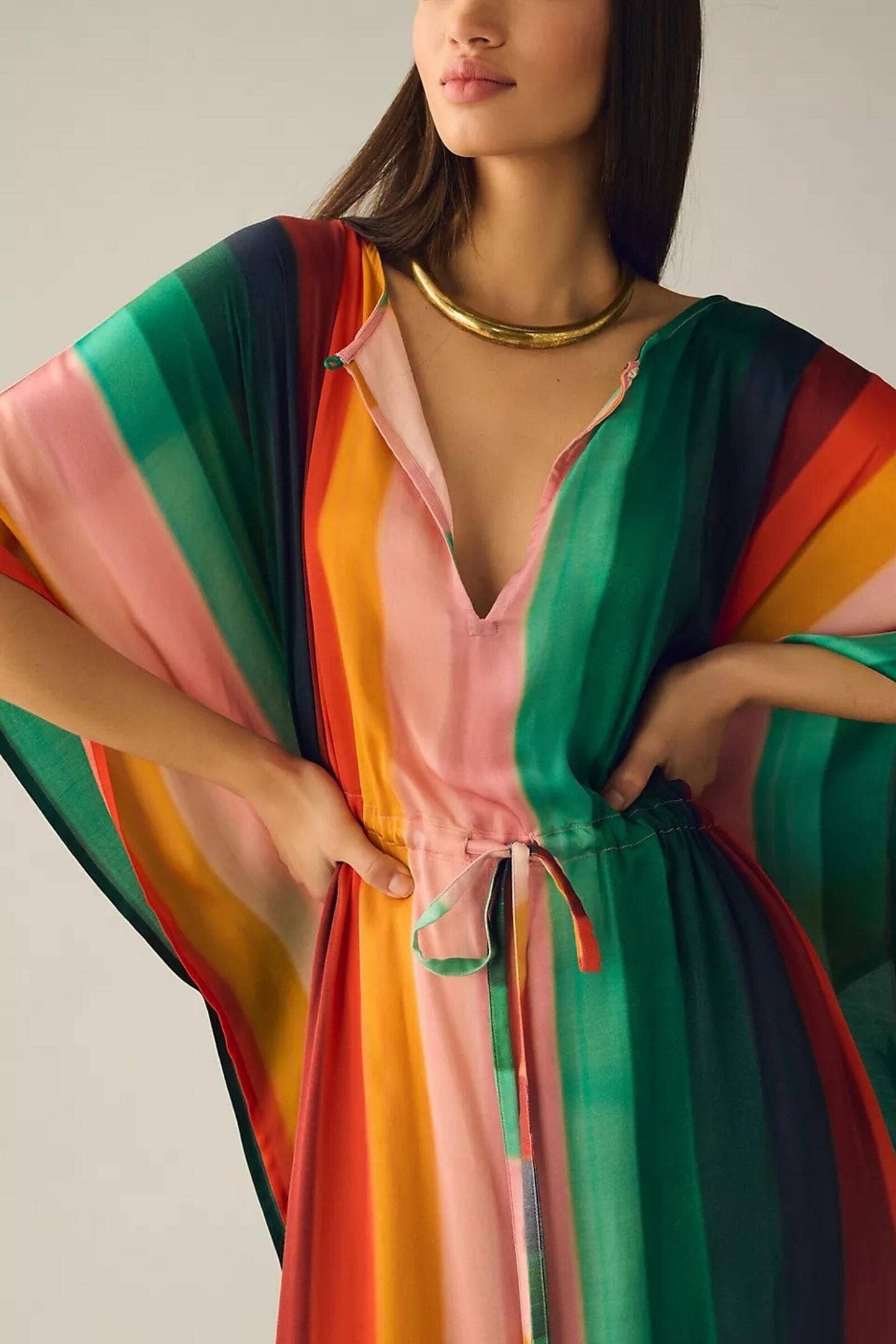 The Frances Multicolor Striped Tie Waist Keyhole Kaftan: Multi-Colored