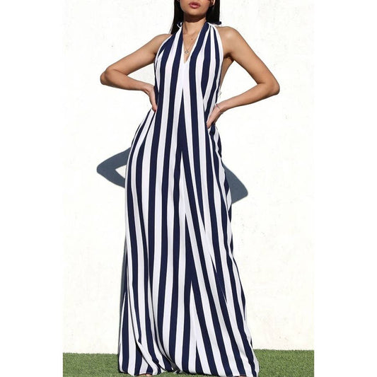 The Tammy Striped Halter Neck Maxi Dress with Side Pocket: NAVY / L