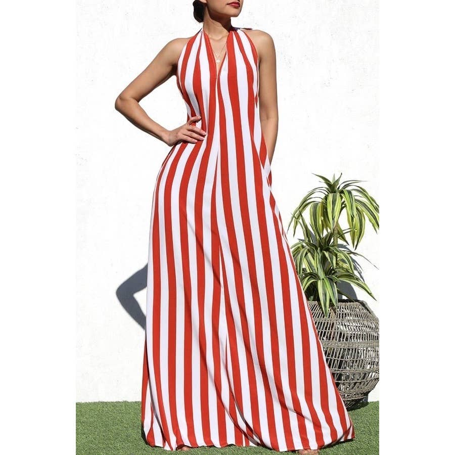 The Tammy Striped Halter Neck Maxi Dress with Side Pocket: NAVY / S